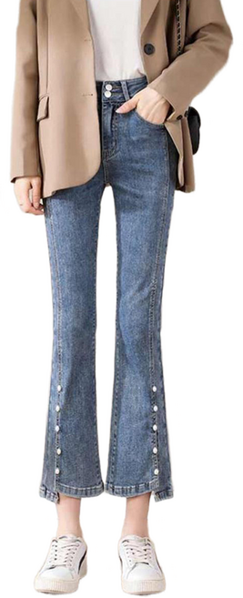 셀럽당 여자 청바지 봄철 미라9부 팬츠허리 스판 절개 비즈 플레어 팬츠