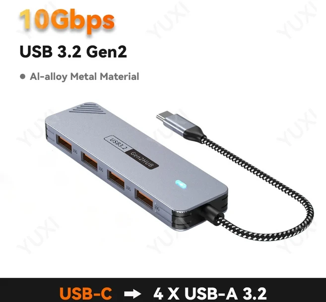USB 3.2 Gen2 허브 멀티포트 스플리터 A 타입 C 10Gbps OTG 어댑터 맥북 아이패드 노트북용 4포트 확장 액, 01 China Mainland, 1개, 03 4A