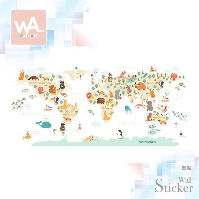 WA Wall Art 可愛動物世界地圖壁貼