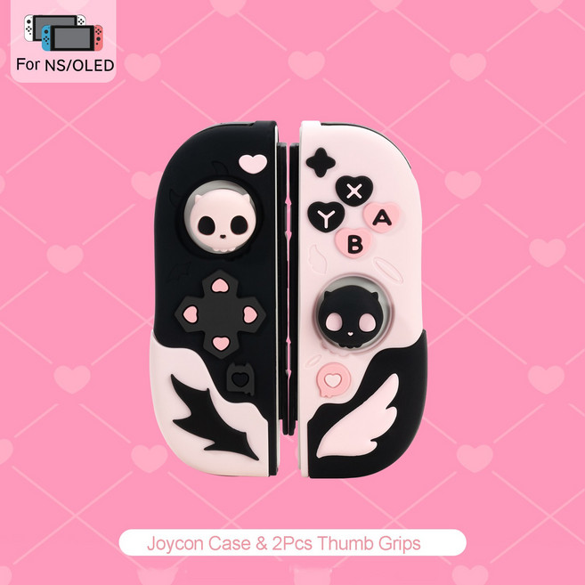 GeekShare 핑크 해골 실리콘 보호 케이스 및 JoyCon 커버(Nintendo Switch/OLED와 호환되는 1쌍 엄지 그립, 02 Joycon Case