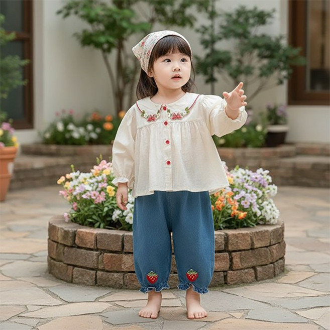 몽실이 베리 블라우스 여아 상하복 유아복 아동복 여아 외출복 피크닉 봄 가을 간절기 데님팬츠