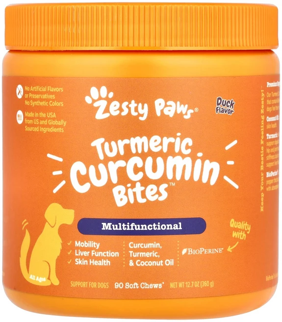 Zesty Paws 반려견용 Turmeric Curcumin Bites 전 연령 오리고기 향미료 소프트 츄 90정, 1개 - 쿠팡