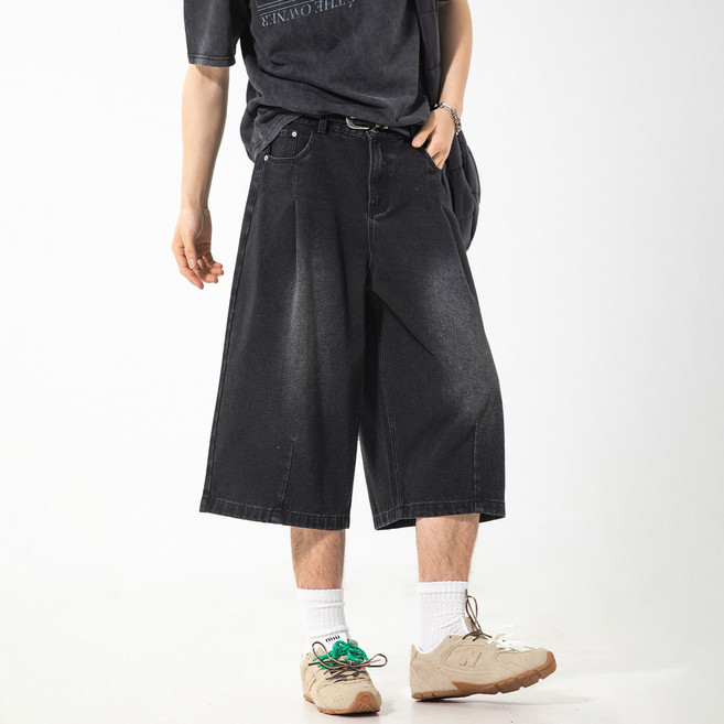 남자 빈티지 워싱 와이드 스트레이트핏 7부 청바지