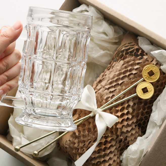 하이볼 맥주잔 글라스 2P+스텐 골드 엽전 빈티지 머들러 2P 선물세트, 1세트