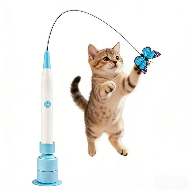 HLOMOM 電動吸盤逗貓棒 360度旋轉蝴蝶互動玩具, 充電款藍色, 1套