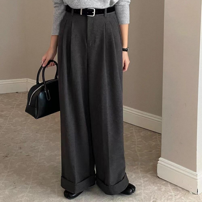 [SML사이즈#울함유]여성 울 팬츠 슬랙스 와이드팬츠 핀턱 바지 빅사이즈 겨울 하객룩