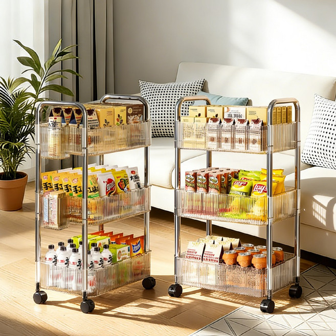 디엔피오 트롤리 이동식 아크릴 360도 회전 카트 이동식 트롤리 수납함, 3단, 투명색