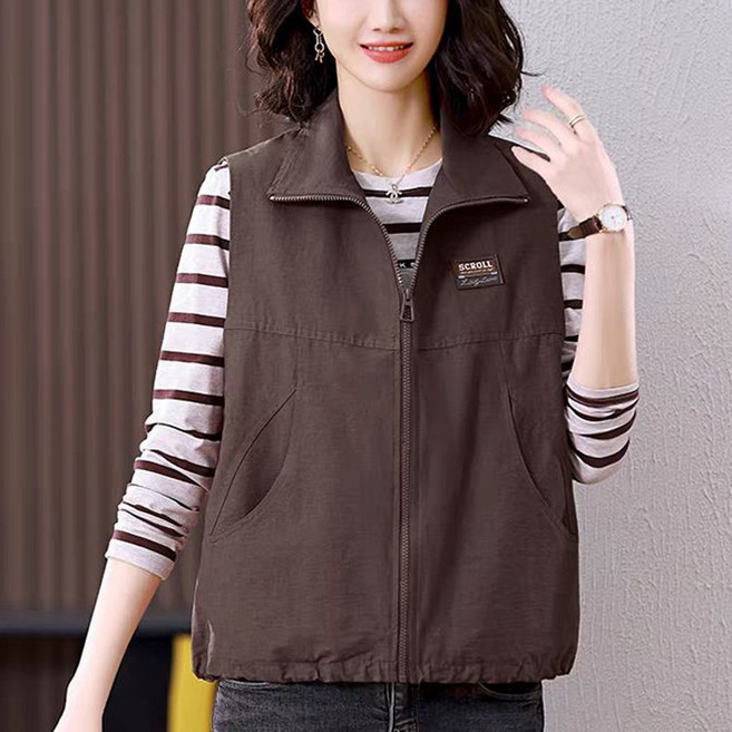 빅사이즈 캐주얼 얇은 조끼 여성용 봄가을 중년엄마옷 집업 일상적이 루즈핏 솔리드 엄마옷 베스트