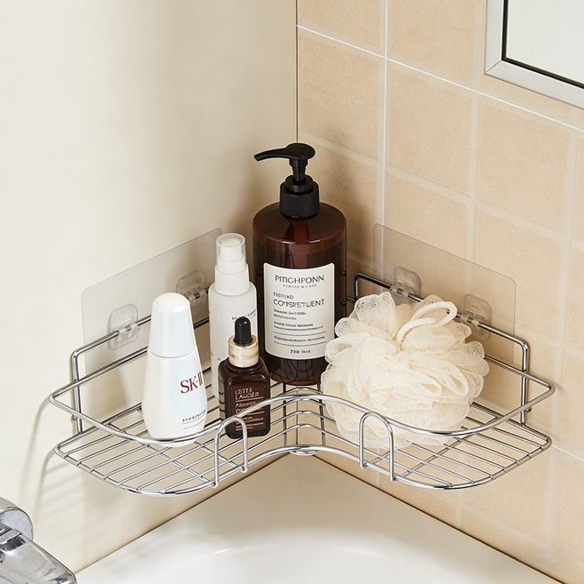 콜콜러브 스텐 코너선반 무타공 강력 접착 욕실 수납 선반, 1개, 실버