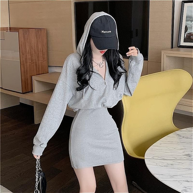 SAHINER 봄가을 여성 후드집업 미니스커트 원피스 캐주얼 데일리룩 LJAQZ30