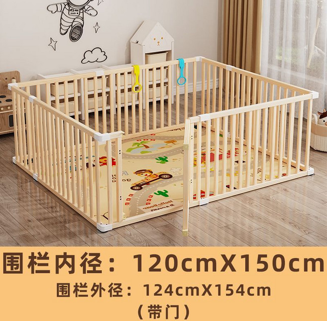 松木兒童安全圍欄 遊戲爬行護欄 附門 多尺寸, 1個, 實木圍欄帶門(150cmx120cm)