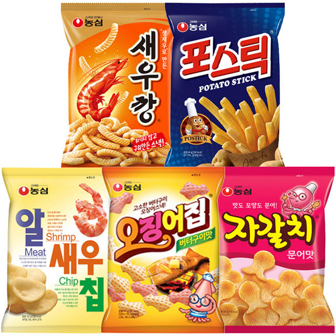 농심 자갈치+새우깡+포스틱+오징어집+알새우칩 2봉씩 과자세트(10봉), 1세트