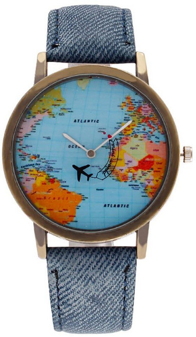 MINILUJIA Travel The World Watch 멋지고 독특한 비행기 움직이는 비행 세계 지도 시계 블랙 청바지 컬러 밴드 여성용 남성용 스몰 손목 블루. 독특함