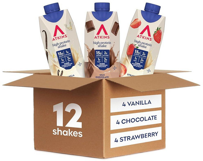 ATKINS Atkins Best Sellers 단백질 쉐이크 버라이어티 팩 딸기 바닐라 및 밀크 초콜릿 맛 쉐이크 15g 섬유 3g GLP-1 친화적 12개입