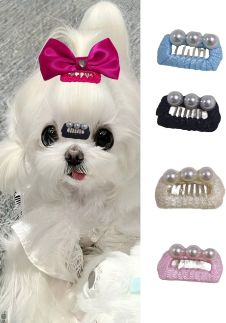 육돌이 강아지 진주빗살똑딱핀 머리핀, 핑크,아이보리,블루,블랙, 1세트