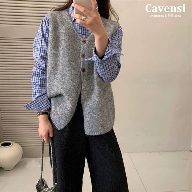 Cavensi V領排釦外搭馬甲 針織背心 (4色)