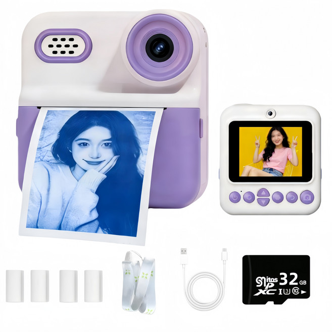 고화질 3in1 즉석 카메라 프린트 카메라 컬러 즉석 카메라 디지털 카메라 세트 포켓프린트카메라 (사진+동영상+프린트) +32GB SD카드+컬러 인화지4롤, 1개, 보라