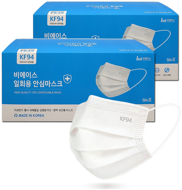 KF94 덴탈형 마스크 [중형] / 자외선차단 항균 소재, 화이트, 2개, 50매입