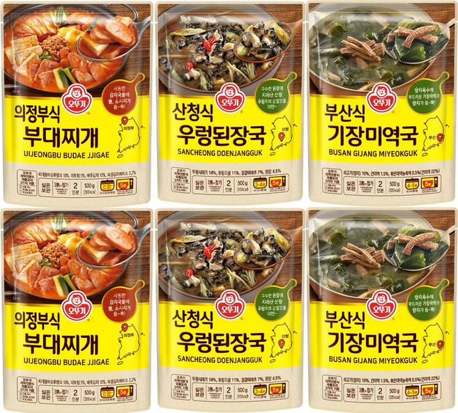 오뚜기 의정부식 부대찌개+산청식 우렁된장국+부산식 기장미역국, 500g, 6개