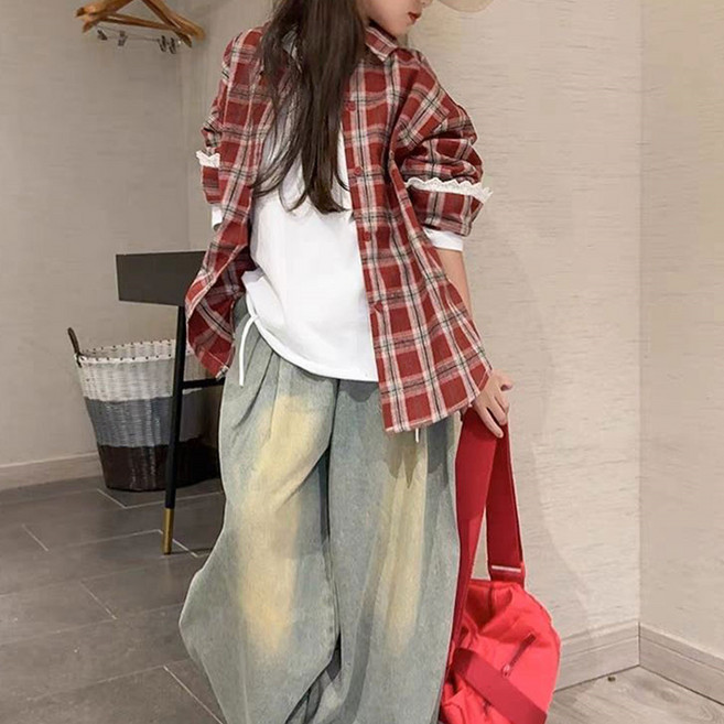 besteffie 여아 체크 셔츠 루즈핏 캐주얼 아동 긴팔 봄 여름 데일리 코디 심플 스타일 14세 이상