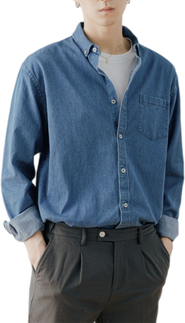 Makone 남성 청남방 워싱 캐주얼 심플 데일리 긴소매 데님 셔츠