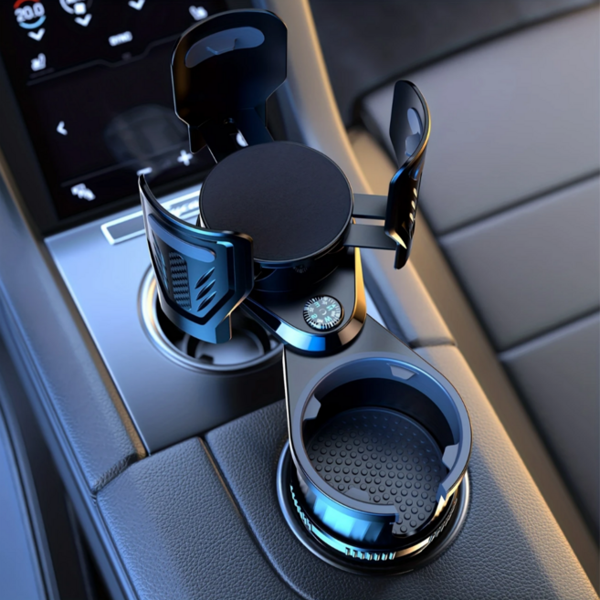 슈프렌 다기능 차량용 듀얼 컵홀더 2구 확장형 나침반 텀블러, 블랙(확장형,2구), 1세트