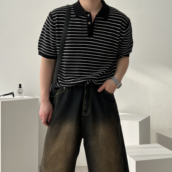 밸류젯 와플 스트라이프 단추 오버핏 남자 여름 반팔 니트 티셔츠