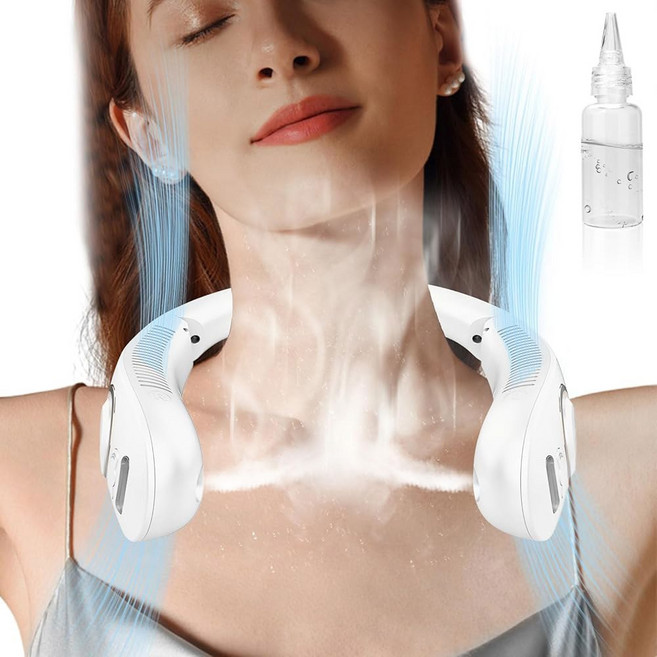 미스트 스프레이가 있는 넥 팬 차가운 공기를 불어 넣는 휴대용 목 팬 접이식 블레이드리스 개인 팬 미스터 조용한 헤드폰 USB-C 충전식 배터리 작동 쿨링 마이징 팬 여성, 미스트 스프레이가 있는 넥 팬, 차가운 공기를 불어 넣, 1개, 화이트.