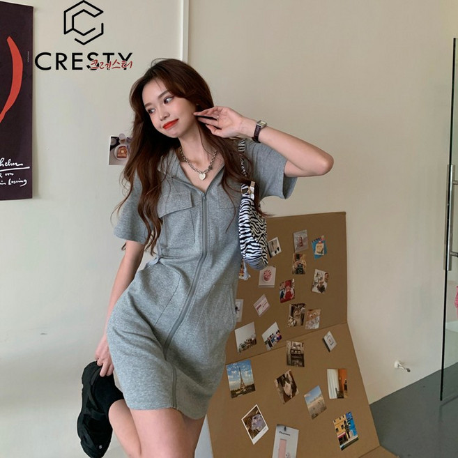 크레스티 슬림 집업 데일리 후드 원피스 캐주얼 빅사이즈 포켓 미니원피스