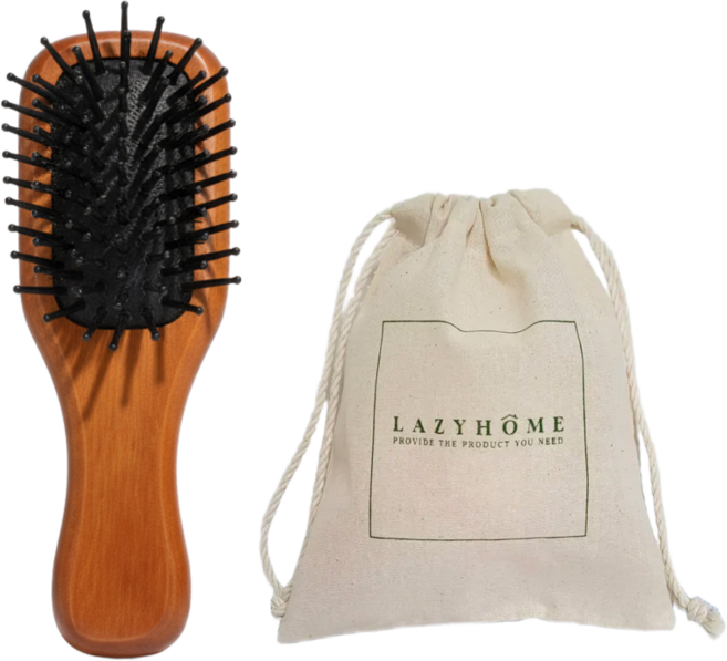 레이지홈 우든 미니 헤어 브러쉬 + 파우치 휴대용 여행용, 1개, 우드