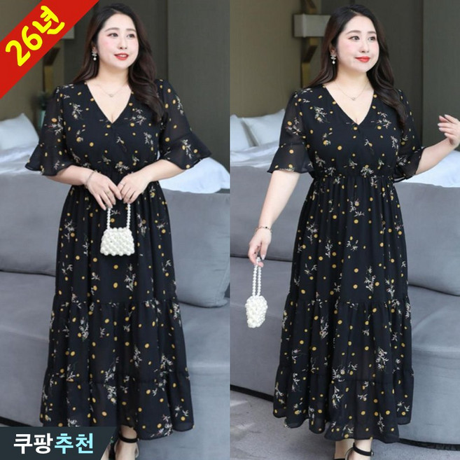 (26년 신상) 150kg까지 빅사이즈 여성 쉬폰 플라워 허리꼬임 얇은것 반팔 원피스 여름 편한 우아한 단아한 에어리 오버핏 박스 브이넥 프릴 플레어 디자인 찰랑 휴양지 롱 원피스