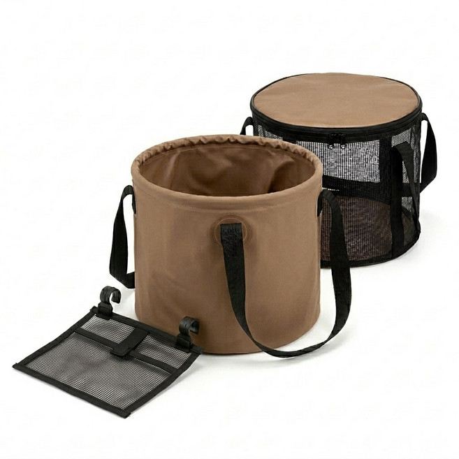 [프리파워]캠핑 설거지통 감성캠핑 접이식 설거지통 대용량 바구니 + 전용건조망 2종세트 차박노지 피크닉 아이스 버켓, 브라운색