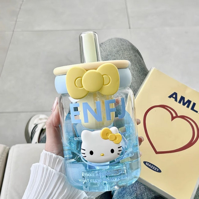 다나에 헬로키티 내고온 고붕소규소유리 빨대 물컵 보온병 660ML +Integrated International Trade Co. Ltd 머리핀, 1개, 블루