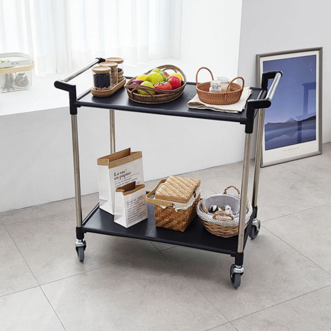 DAMDA 스르륵 서빙카트 트롤리 주방 선반 중형, 2단, 블랙