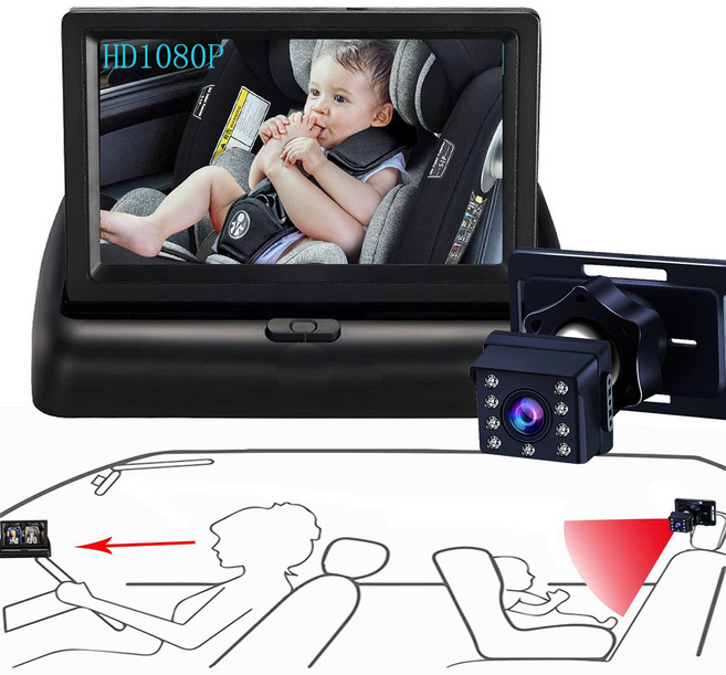 차량용 모니터 모니터|4.3인치 차량용 접이식 모니터 아기 모니터 HD1080P 고화질 야시 아기 보호기, 블랙, HD 1080P
