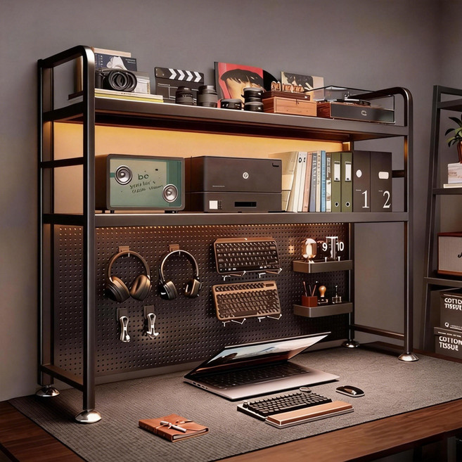 SeekFun 컴퓨터 테이블 선반 튼튼한 타공판 책상 수납 정리대 철제 빅사이즈 대형 벽선반, 2단, 블랙/Black