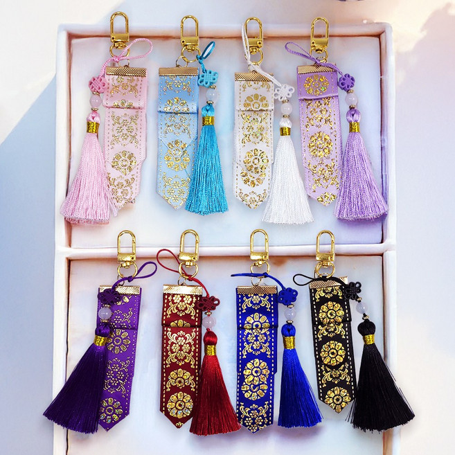 한국 전통 기념품 체험 미니 댕기 리본 매듭 태슬 키링 만들기 / 외국인 친구 선물 노리개 키홀더 금박 실버 시니어, 연보라색