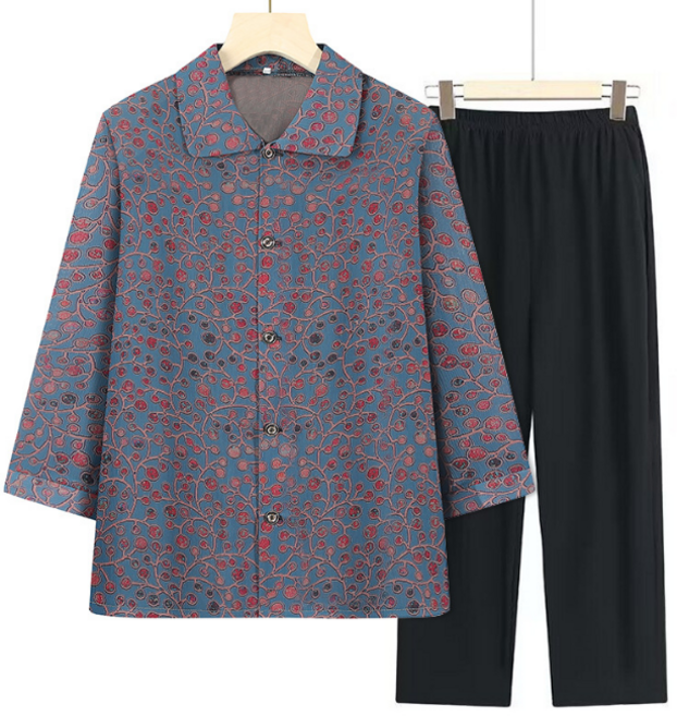 ALIPANG 알리팡 여성 투피스 복고풍 7부소매 할머니 캐쥬얼 바지세트 중년여성 자켓 상의 루즈핏 캐쥬얼 바지세트