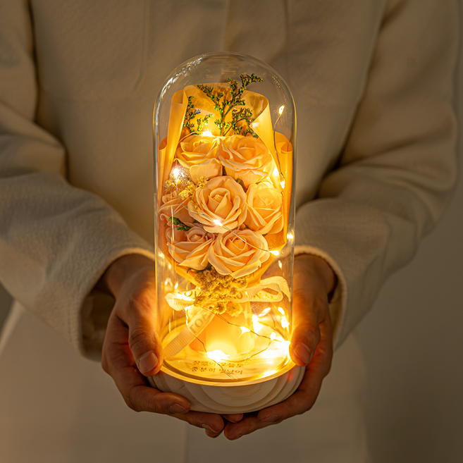 마음담은집 "영생화" 시들지 않는 유리돔 무드등 꽃다발, 코랄 피치