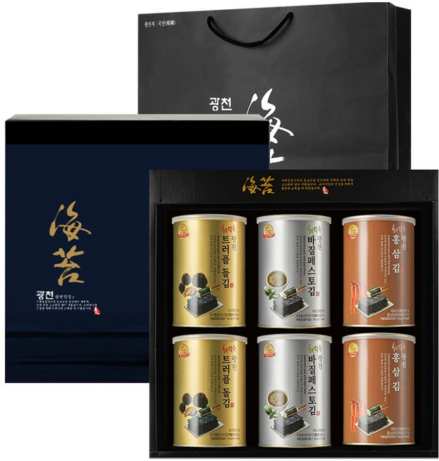 광천 해달음 명품 트러플 바질페스토 아보카도유 홍삼 재래김 돌김 도시락김 캔김 + 고급쇼핑백포함, 6개