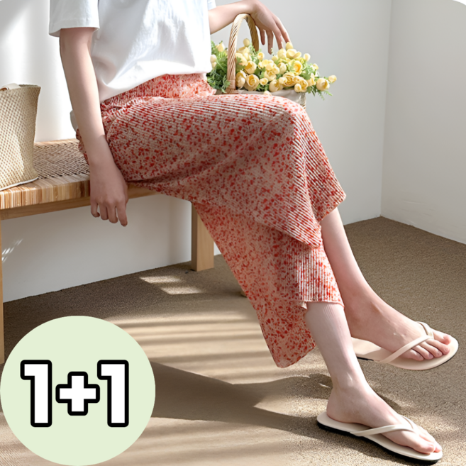 1+1(2장) 플라워 주름 밴딩 바지 플리츠 팬츠 고무줄 쿨링 냉감 촌캉스 냉장고 홈웨어