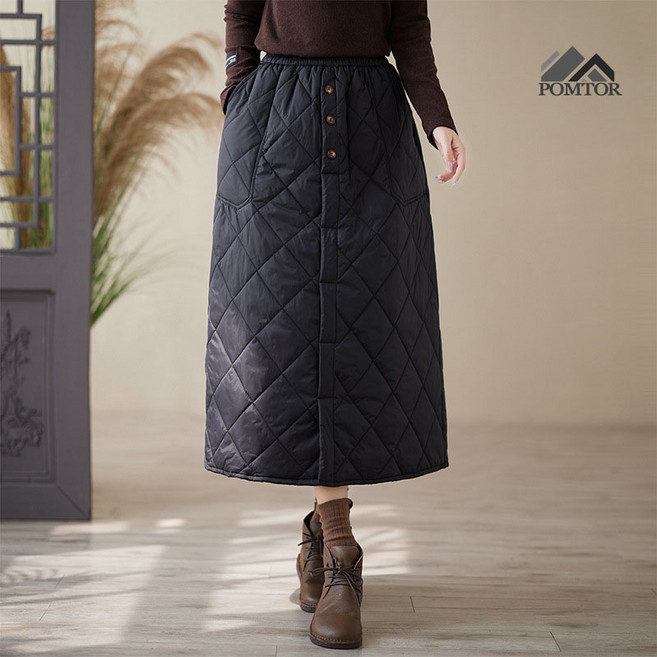 POMTOR 여성 롱치마 패딩 스커트 겨울 기모 치마