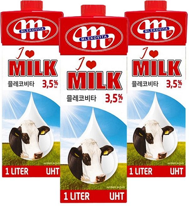 믈레코비타 멸균우유, 1L, 3개