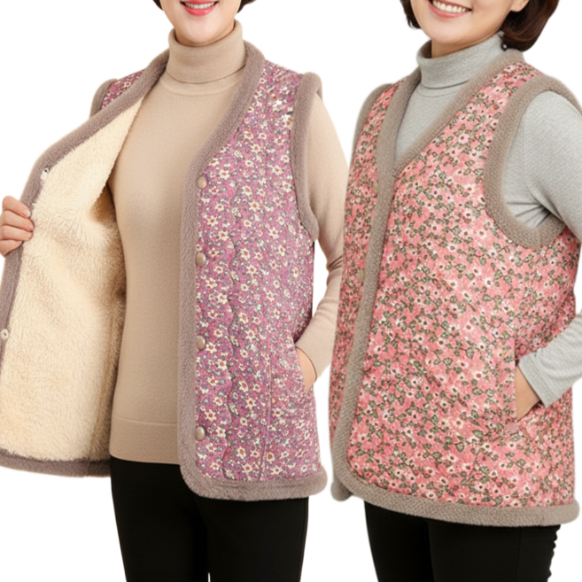 에버뉴 여성 겨울 누빔 조끼 플라워 모달 융털 포켓 베스트 2종 세트