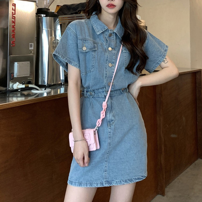 cammello 블루 데님 웨이스트 밴딩 반팔 미니 원피스 빅사이즈 드레스