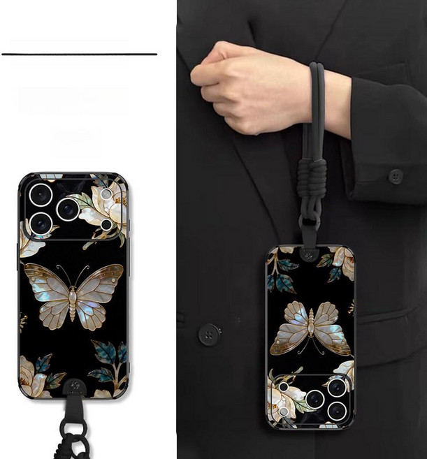 BBZ 자개핸드폰케이스 자개 아이폰핸드폰케이스 플립, iPhone 15 Pro, 1개, 나선 꽃 나비 짧은 타공 블랙