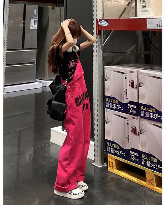 봄 가을 여자 멜빵바지 빈티지 루즈핏 데님 멜빵바지 와이드 팬츠 캐주얼 여성 점프슈트 긴바지 YSQ