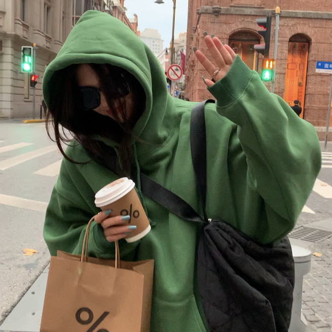 韓版加絨 連帽衛衣 女秋冬新款寬鬆上衣