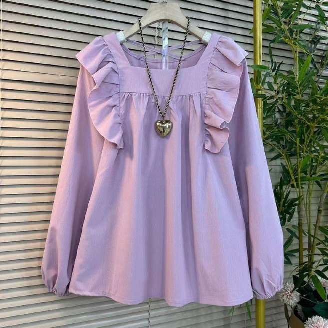 빅사이즈 여성용 시폰 블라우스 스퀘어넥 블라우스 옆트임 티셔츠 빅사이즈 긴팔 플라워 프렌치 리본 타이 사이드 셔링 자외선 차단 프릴 디자인