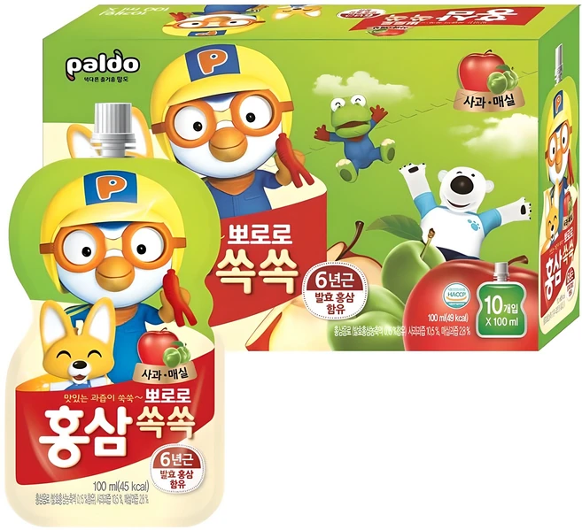 팔도 뽀로로 홍삼쏙쏙 사과매실, 100ml, 10개 - 쿠팡